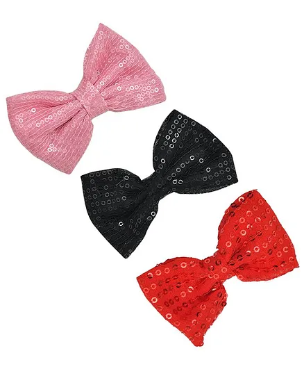 Funkrafts Pack Of 3 Sequin Bow Hair Clip - Pink Black Red