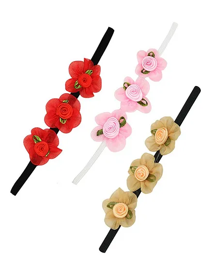 Funkrafts Flower Detailing Headbands Pack of 3 - Red Pink Beige