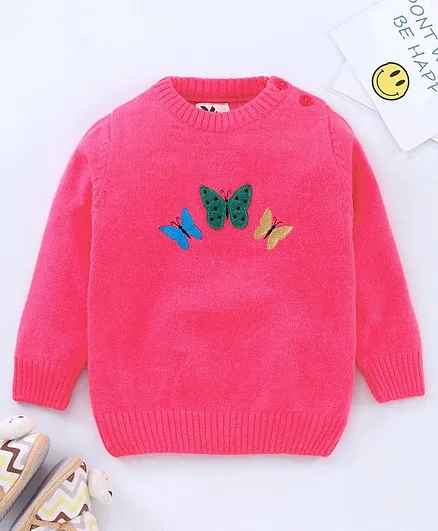 Yellow Apple Full Sleeves Pullover Sweater Butterfly Embroidery - Pink