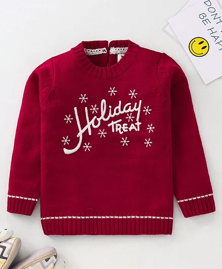 Yellow Apple Full Sleeves Pullover Sweater Text Embroidery - Maroon