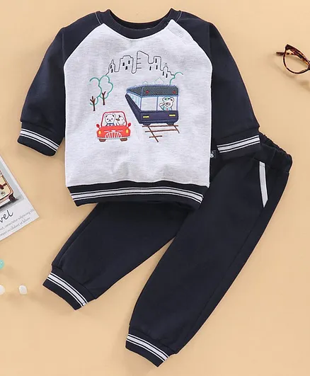 Little Folks Full Sleeves Tee and Lounge Pant Set Vehicle Embroidery - Grey