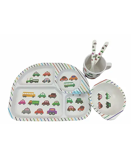 FunBlast Vehicle Print Bamboo Fiber Dinner Set Of 5 Pieces - White