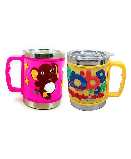 Funblast Stainless Steel Mugs Pink Yellow Pack of 2 - 350 ml