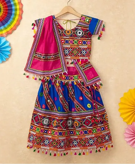 Banjara India Navratri Half Sleeves Kutchi Embroidered Choli With Lehenga & Dupatta - Blue