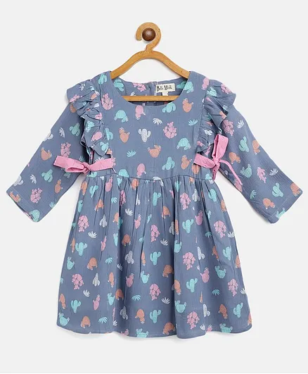 Bella Moda Full Sleeves Cactus Print Dress - Sky Blue