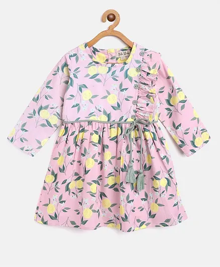 Bella Moda Full Sleeves Lemon Print Dress - Peach
