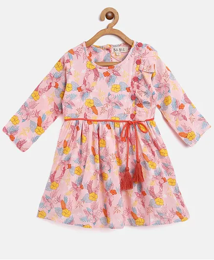 Bella Moda Full Sleeves Floral Print Dress - Peach