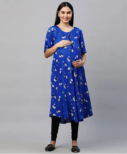 MomToBe Half Sleeves Flower Print Maternity Kurti - Blue