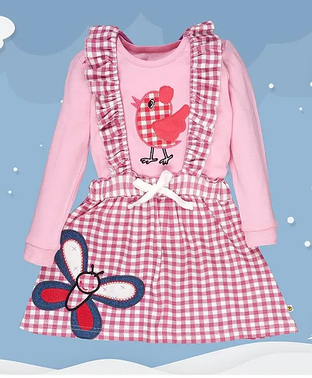 Pranava Full Sleeves Bird Patch Sweatshirt With Checked Skirt - Pink