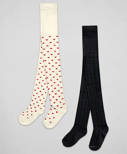 The Sandbox Clothing Co Pack Of 2 Pair Of Solid & Heart Printed Stockings - Black & Cream