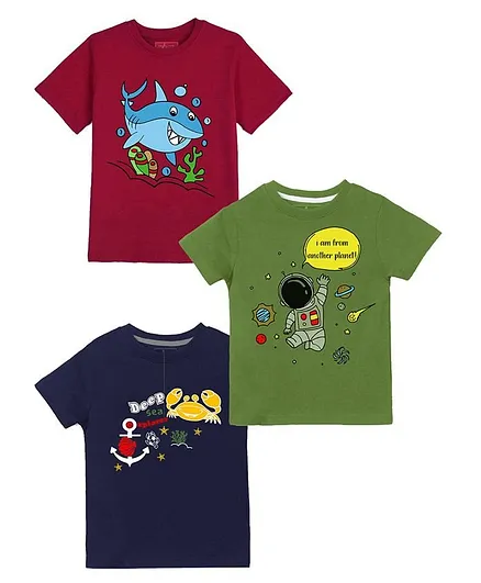 Naughty Ninos Pack Of 3 Short Sleeves Shark Print Tees - Maroon Green Blue