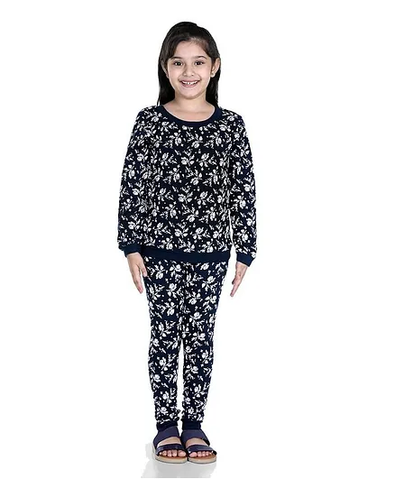 Naughty Ninos Full Sleeves Floral Print Night Suit - Navy Blue