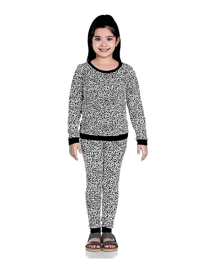 Naughty Ninos Full Sleeves Leopard Print Night Suit - White & Black