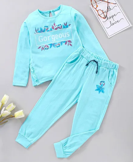 Ollington St. Full Sleeves Top & Jogger Floral Graphic - Blue