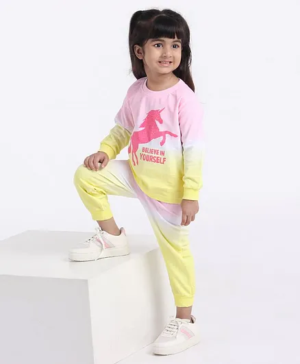 Ollington St. Full Sleeves Winter Wear Tee & Jogger Unicorn Graphic - Pink & Yellow