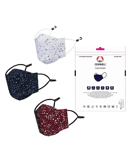 CENWELL Cotton Reusable & Washable Masks For Adults Multicolor - Pack of 3