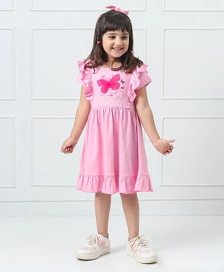 Hola Bonita Short Sleeves Frock With Scrunchies Butterfly Print - Pink