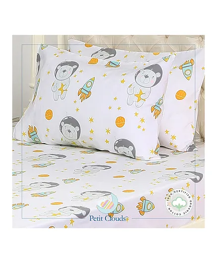 Petit Clouds 100% Organic Cotton King Size Bedsheet with 2 Pillow Covers Teddy Print - White