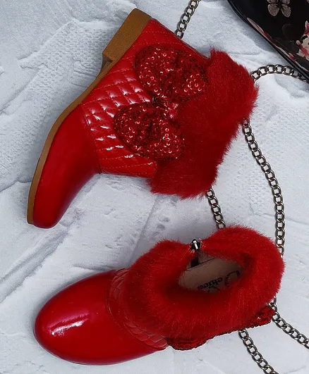 D'chica Ankle Quilted Fur Boots With Bow Applique - Red