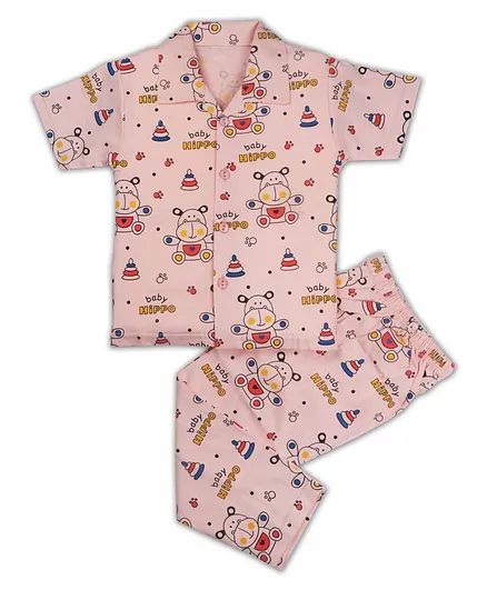 AAAKAR Half Sleeves Hippo Print Night Suit - Orange