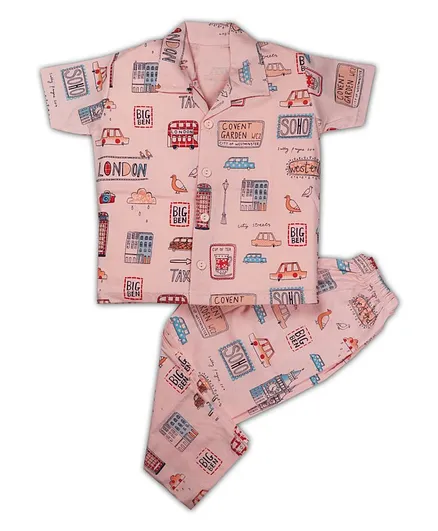 AAAKAR Half Sleeves London Print Night Suit - Peach