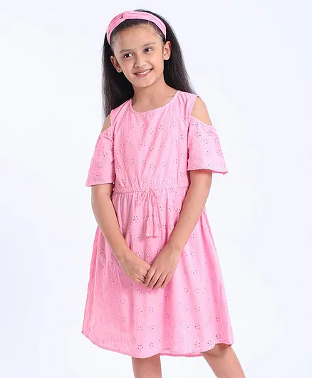 Pine Kids Half Sleeves Softner Wash Schiffli Frock - Pink