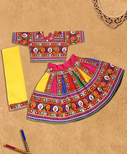 Enfance Half Sleeves Navratri Mirror Work Choli With Lehenga & Dupatta - Multi Colour