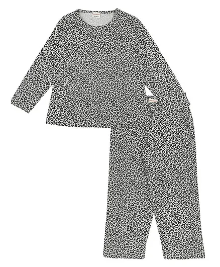 RAINE AND JAINE Leopard Printed Full Sleeves Night Suit - Grey