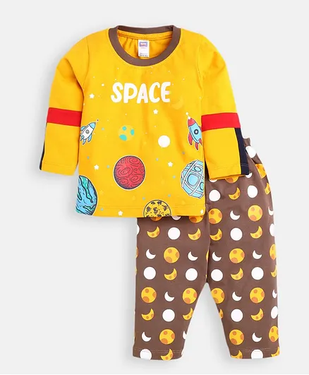 Nottie Planet Full Sleeves Space Print Tee & Pant - Mustard