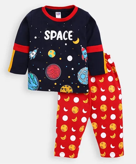 Nottie Planet Full Sleeves Space Print Tee & Pant - Navy Blue