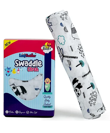 LazyToddler Organic Cotton Baby Swaddle Panda Print - White