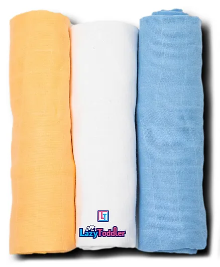 LazyToddler Cotton Organic Muslin Baby Swaddles Pack Of 3 - Blue White Orange