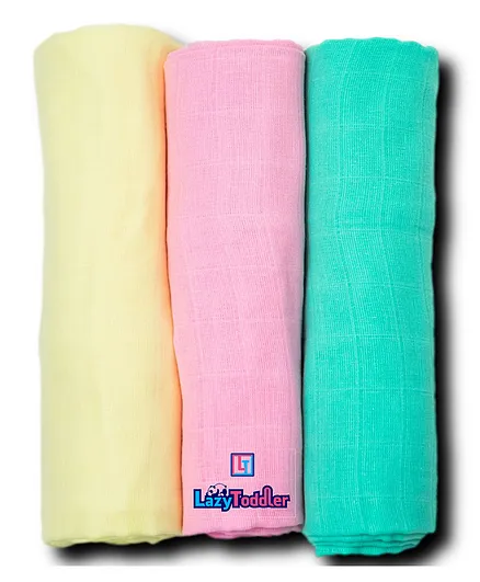 LazyToddler Cotton Organic Muslin Baby Swaddles Pack Of 3 - Pink Green Yellow