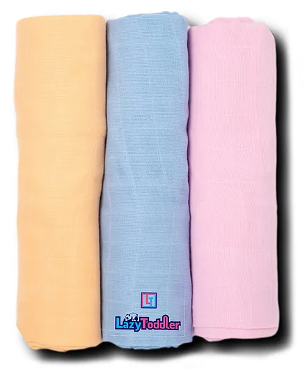 LazyToddler Cotton Organic Muslin Baby Swaddles Pack Of 3 - Blue Pink Orange