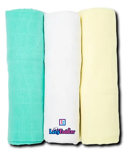 LazyToddler Cotton Organic Muslin Baby Swaddles Pack Of 3 - Green White Yellow