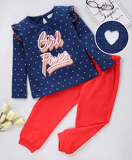 Ollington St. Full Sleeves Top and Lounge Pants Heart Print - Pink Navy