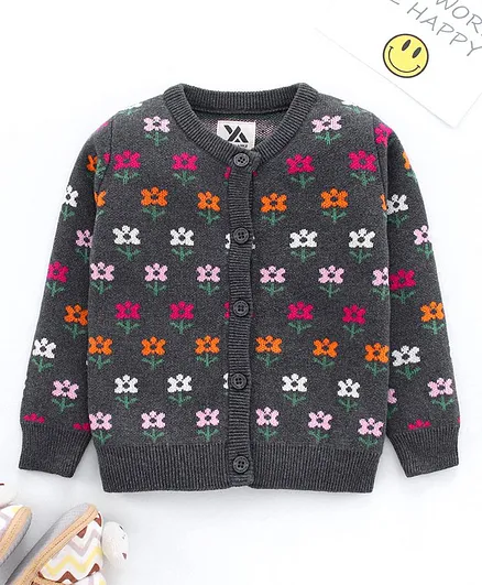 Yellow Apple Full Sleeves Front Open Sweater Floral Design - Charcoal