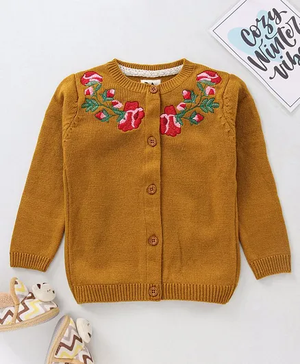 Yellow Apple Full Sleeves Front Open Sweater Floral Embroidered - Yellow