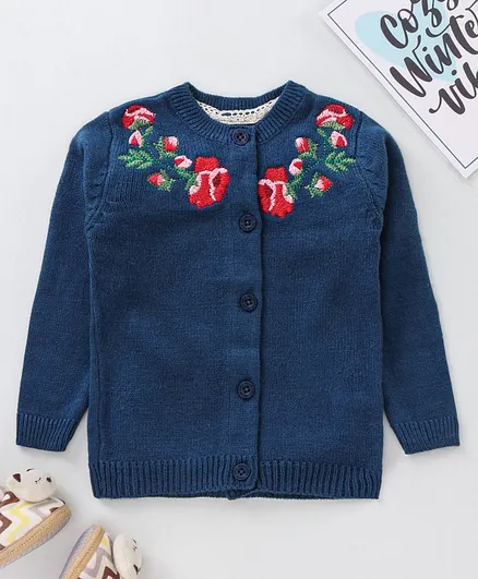 Yellow Apple Full Sleeves Front Open Sweater Floral Embroidered - Blue