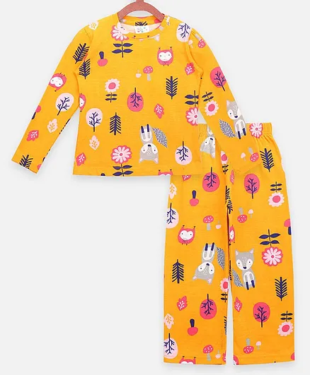 Lilpicks Couture Full Sleeves All Over Animal Print Night Suit - Orange