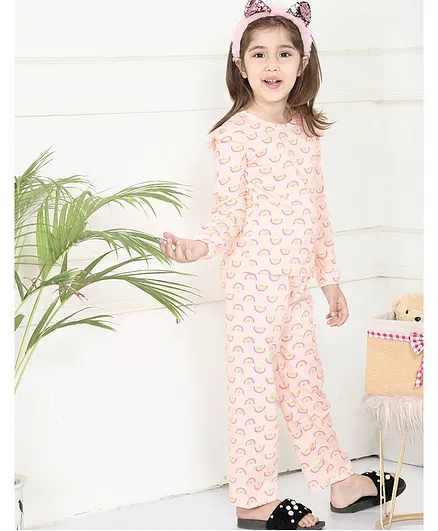 Lilpicks Couture Rainbow Print Full Sleeves Night Suit - Peach