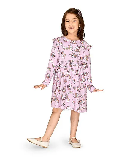 Lilpicks Couture Unicorn Print Full Sleeves Dress - Lilac