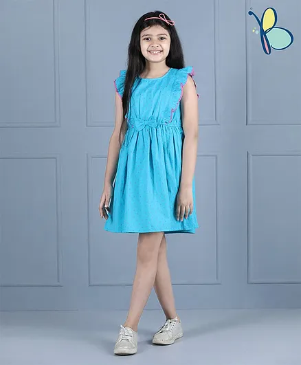Hola Bonita Short Ruffled Sleeves Knee Length Frock All Over Print - Blue