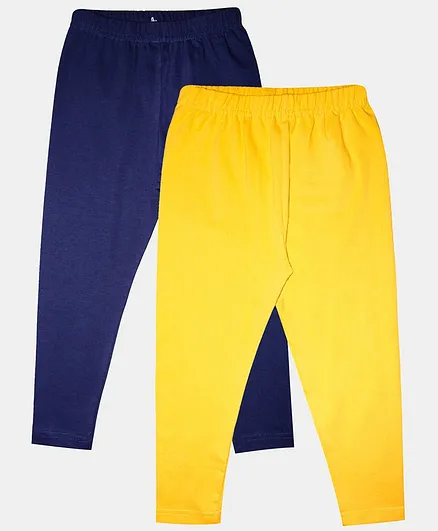 Kiddopanti Solid Ankle Length Lycra Pack Of 2 Leggings - Navy Blue & Yellow