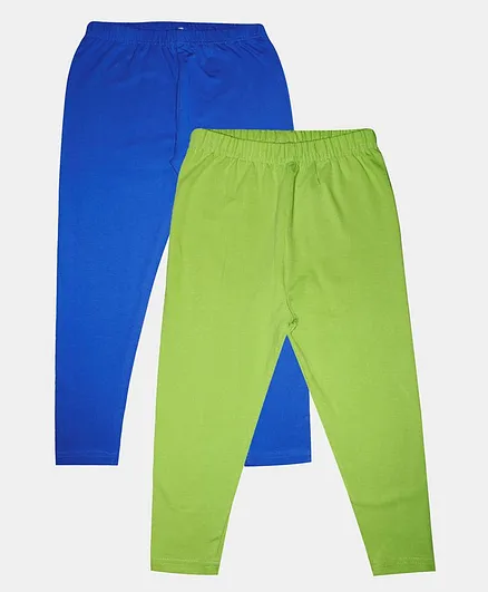 Kiddopanti Solid Ankle Length Lycra Pack Of 2 Leggings - Parrot Green & Blue