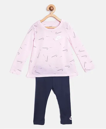 Nike Full Sleeves All Over Logo Print Detailing Tee With Leggings - Light Pink