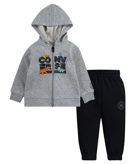 Converse Full Sleeves Dinosaur Print Detailing Hooded Jacket With Joggers - Grey & Black