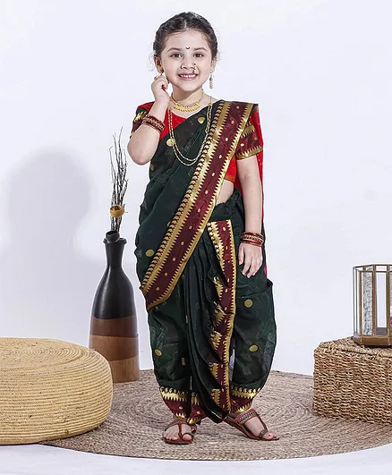 Bhartiya Paridhan Half Sleeves Blouse & Navari Sari - Green Red