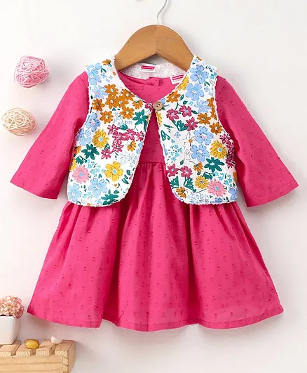 Babyhug Frock with Shrug Floral Print - Pink