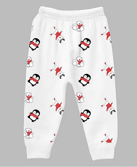 Plan B Full Length Penguins Print Christmas Thermal Pants - White